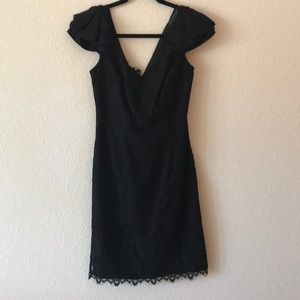 Black lace v-neck dress with flutter sleeve detail
